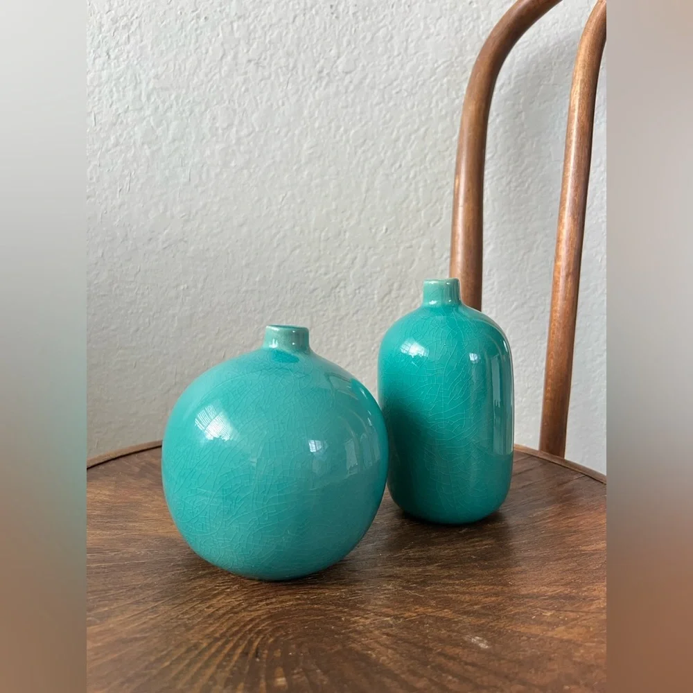 Crate&Barrel Aqua Ceramic Vase Duo